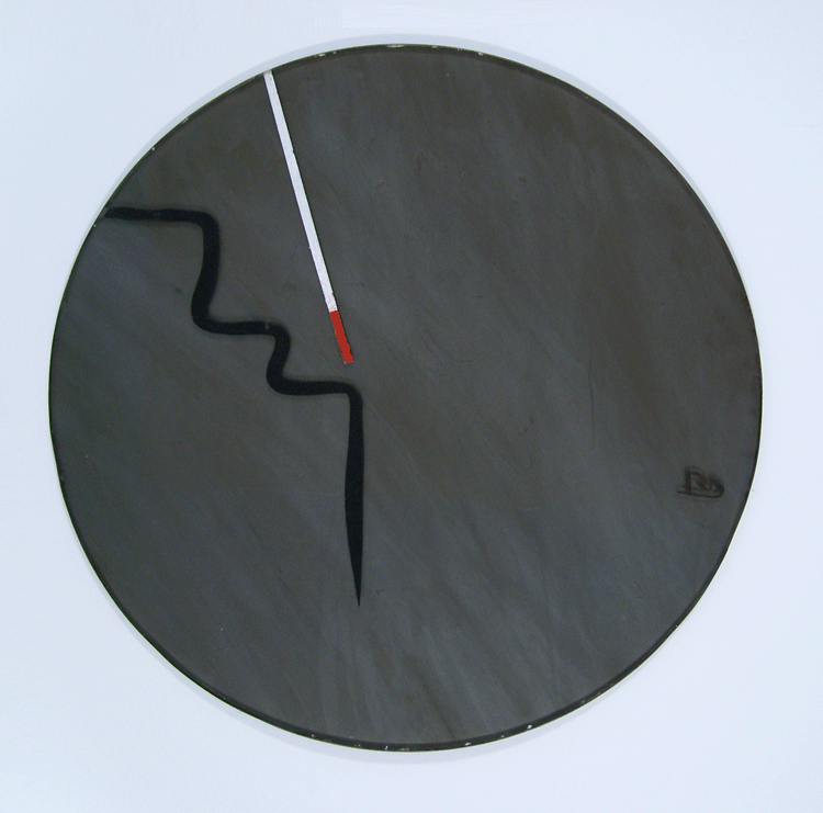 Stepping Off, a painting by Rabih Dow. Three outlined steps descend from the upper left of a circular canvas, dissolving toward the center. A white cane touches the edge of the final step, symbolizing the point of contact between certainty and the unknown.