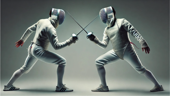 Two fencers in en-garde position facing each other with foils crossed