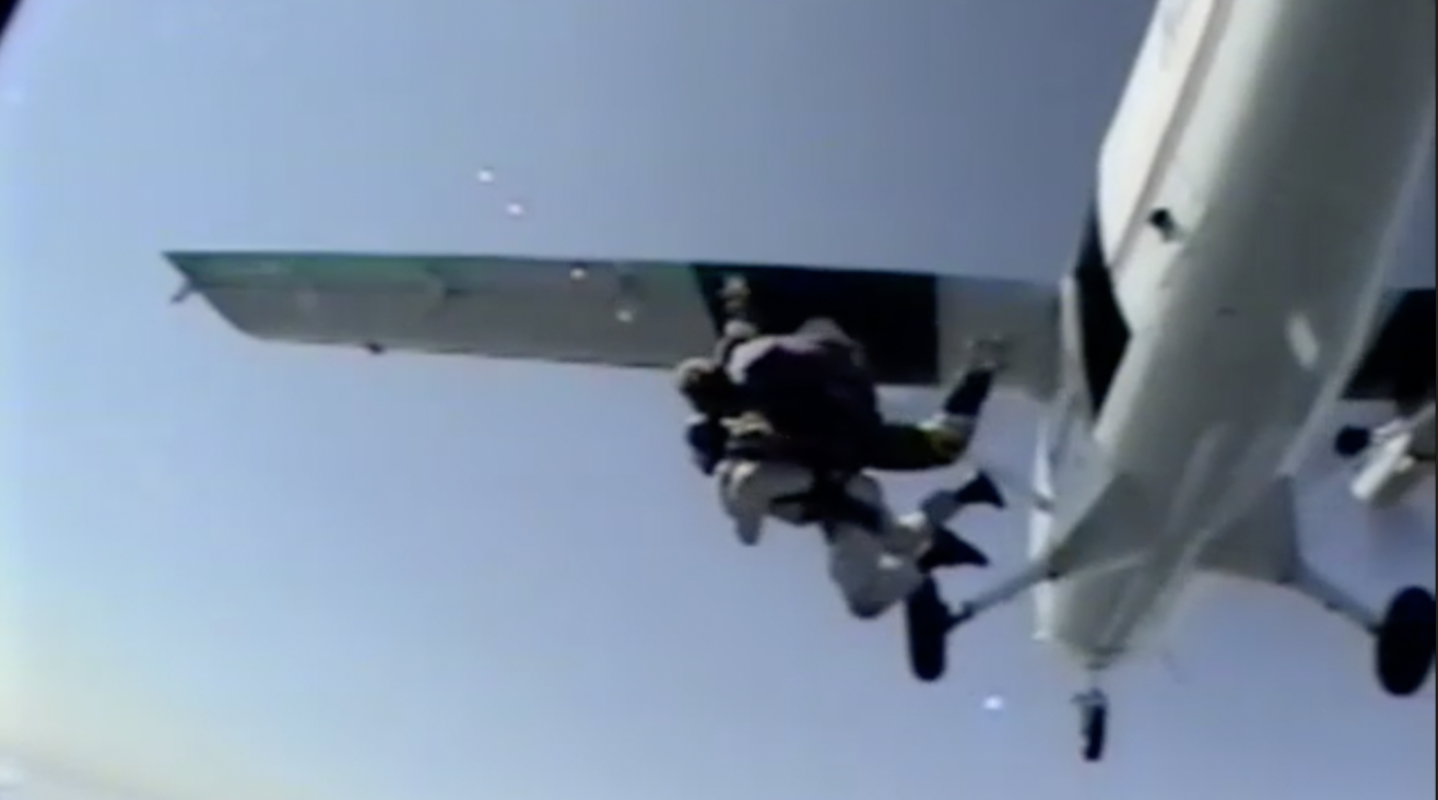 Rabih skydiving video thumbnail showing an aerial view during freefall