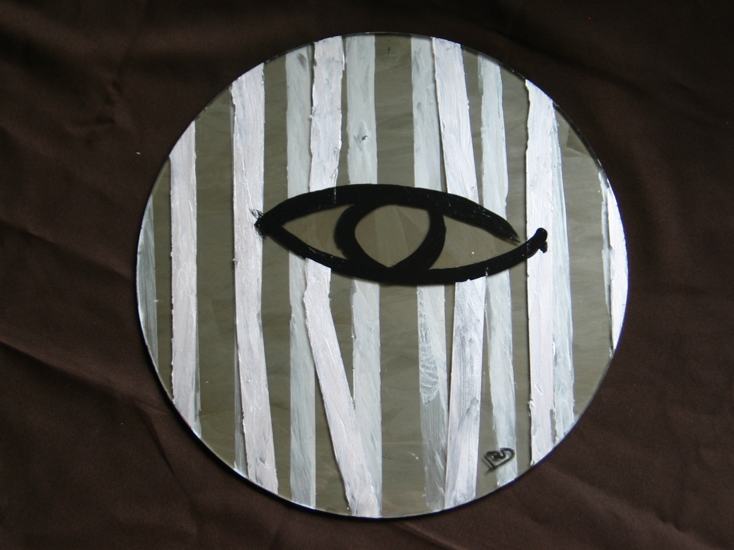 Will — acrylic painting on a 15-inch circular pane of glass depicting an eye pressing through vertical silver bars